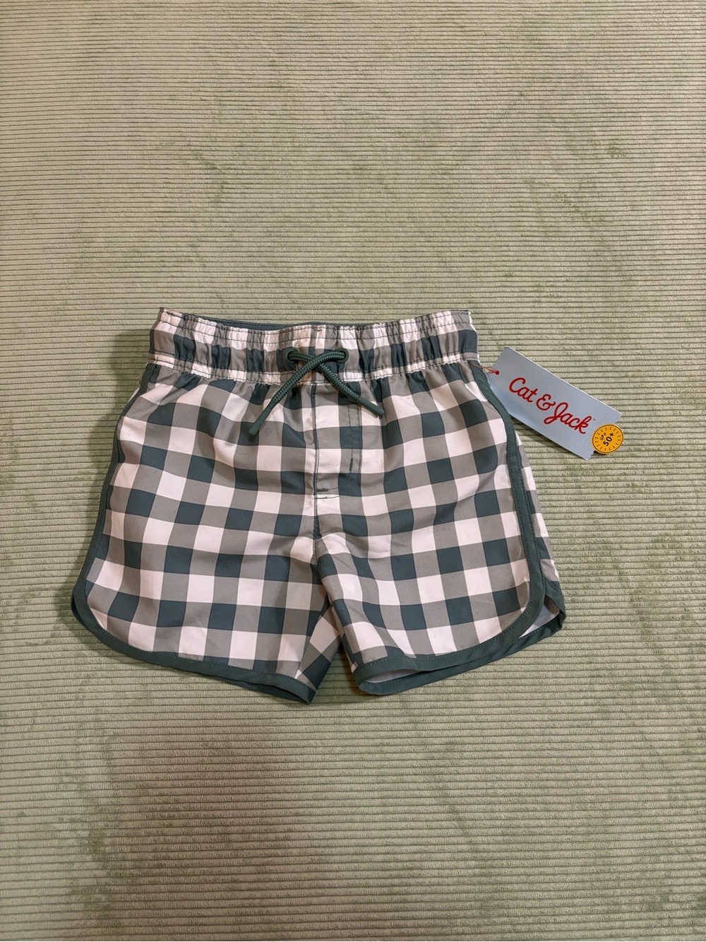 Cat & Jack Green and White Gingham Swim Shorts